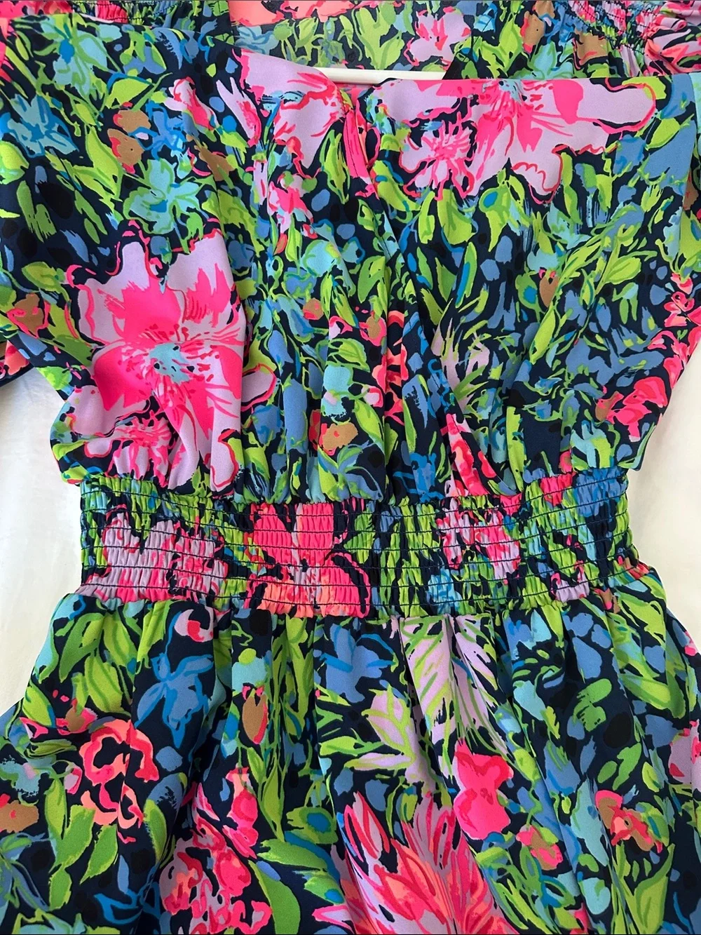 Lilly Pulitzer Floral Pink & Green V-Neck Long Sleeve Midi Dress, Size M